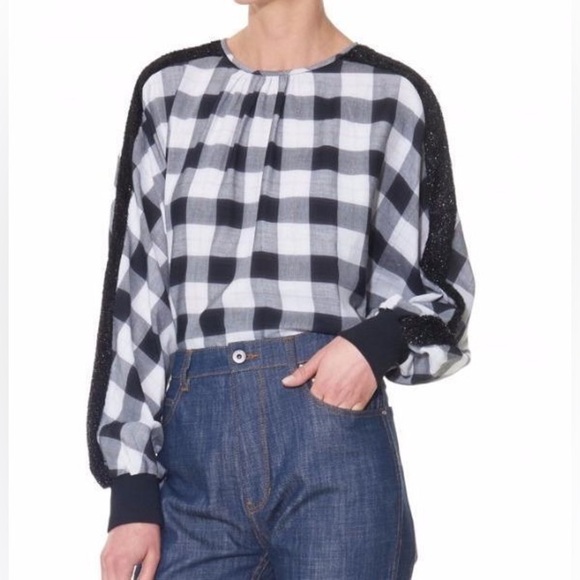 NWT Tibi Plaid Crew Neck Top Black & White Oversize XS - Picture 1 of 12